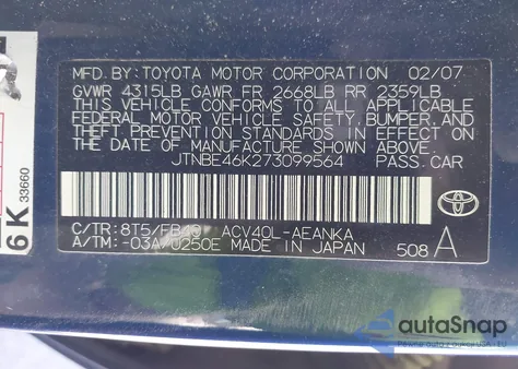 2007 Toyota Camry Le z USA, uszkodzony, nr VIN JTNBE46K273099564